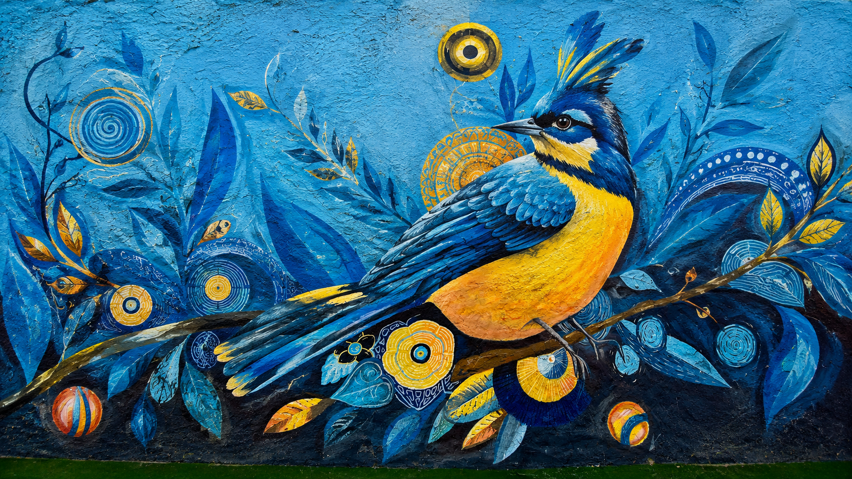 Colorful street art mural of blue and gold bird in La Candelaria Bogota Colombia