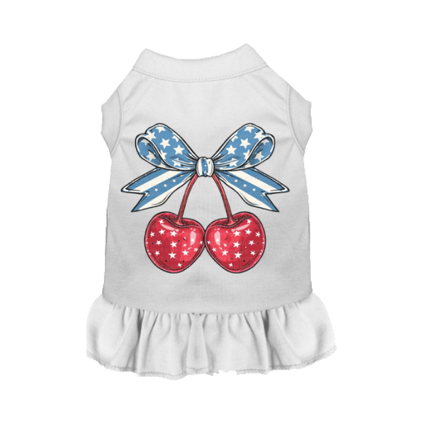 Cherry Jubilee Americana Dog Dress | Cherry Motif & Patriotic Bow | Stella & Bone - Stella & Bone