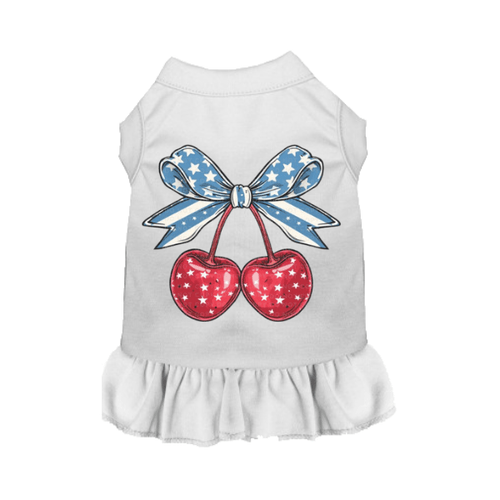 Cherry Jubilee Americana Dog Dress | Cherry Motif & Patriotic Bow | Stella & Bone - Stella & Bone