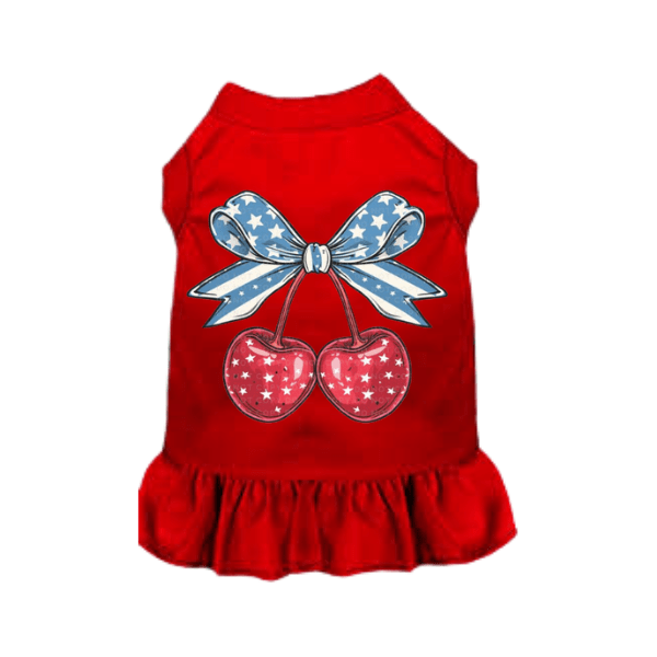 Cherry Jubilee Americana Dog Dress | Cherry Motif & Patriotic Bow | Stella & Bone - Stella & Bone