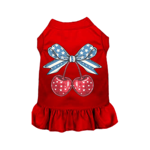 Cherry Jubilee Americana Dog Dress | Cherry Motif & Patriotic Bow | Stella & Bone - Stella & Bone