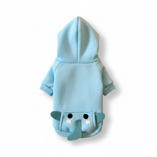 Elephant Dreams dog hoodie front view with trunk hood detail | Stella & Bone