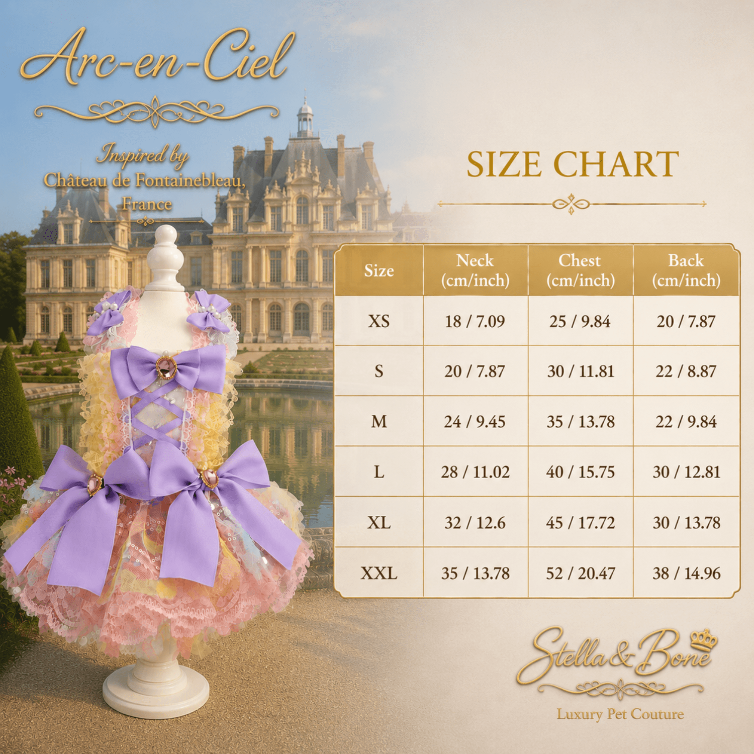 Arc-en-Ciel rainbow sequin tutu dress size chart for dogs and cats — XS to XXL in cm and inches, perfect for weddings