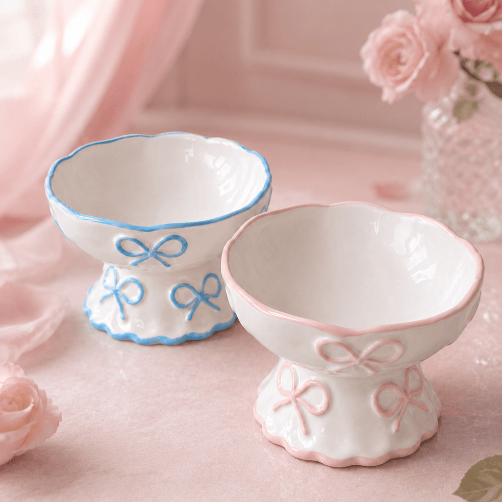 Bow & Scallop Ceramic Pet Bowl | Elevated Princess Feeding Bowl | Stella & Bone