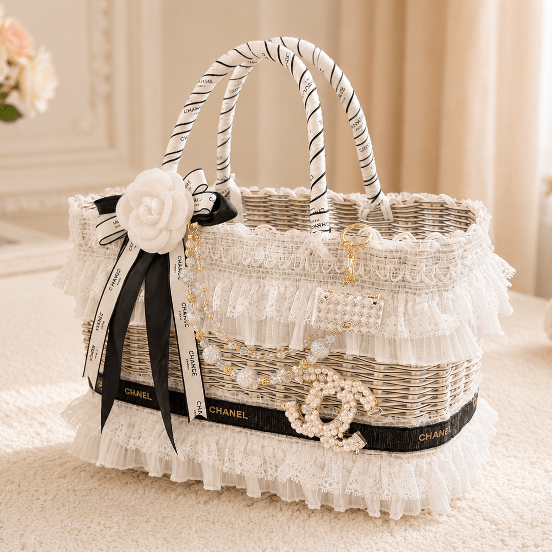 Luxury Lace Pet Carrier Bag | Wicker Tote with Pearl Charm | Stella & Bone - Stella & Bone