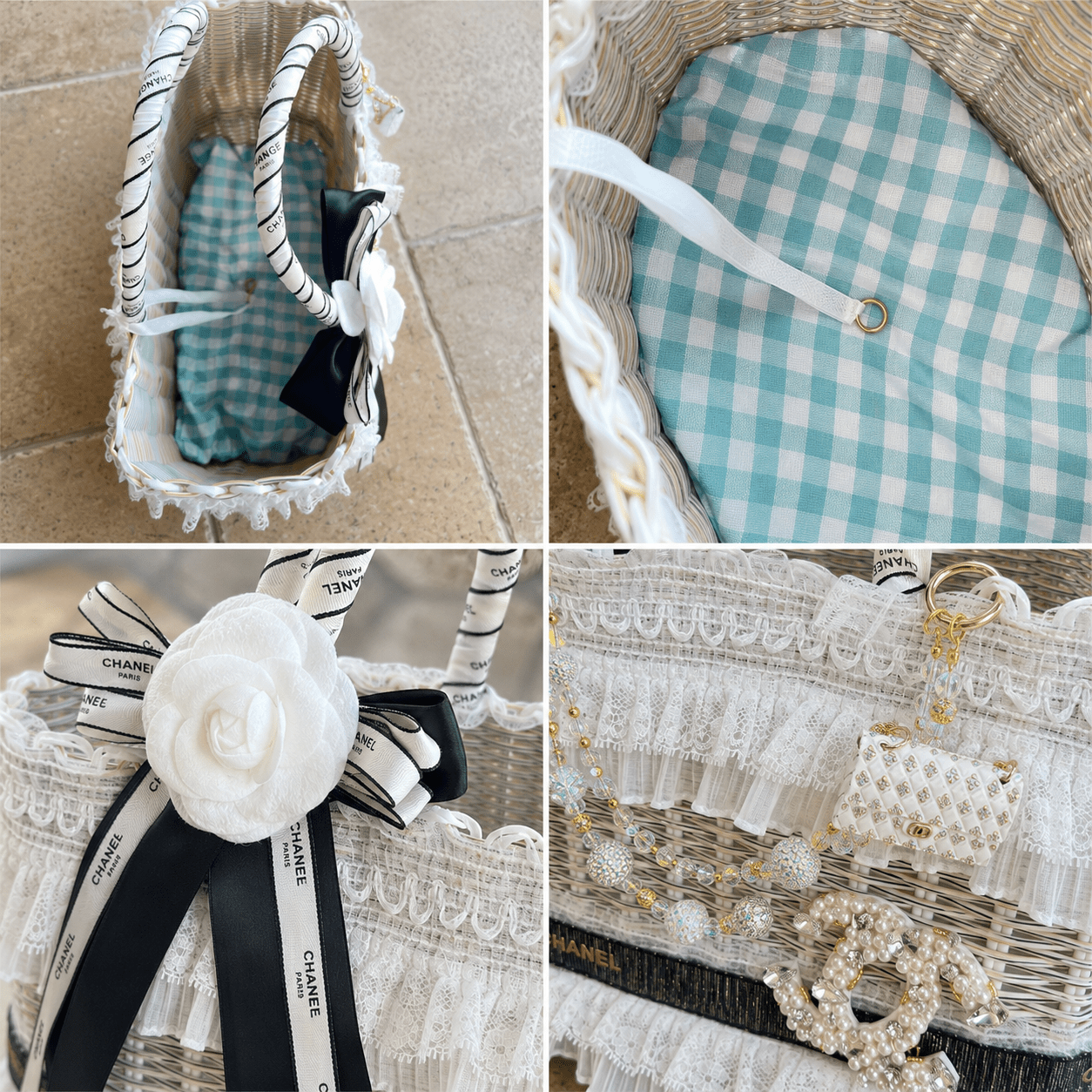 Luxury Lace Pet Carrier Bag | Wicker Tote with Pearl Charm | Stella & Bone - Stella & Bone