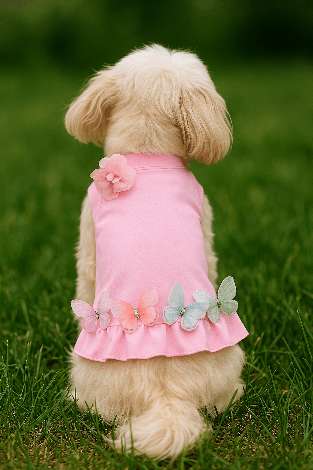 Butterfly Dream Dog Dress on cream poodle — back view | Stella & Bone