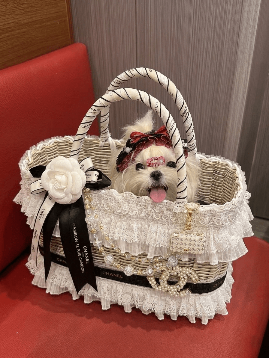 Luxury Lace Pet Carrier Bag | Wicker Tote with Pearl Charm | Stella & Bone - Stella & Bone