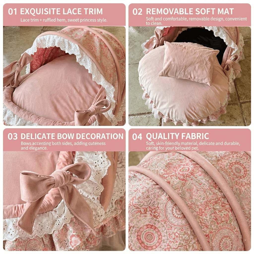 Royal Canopy Pet Bed | Pink Lace with Removable Cushion | Stella & Bone - Stella & Bone