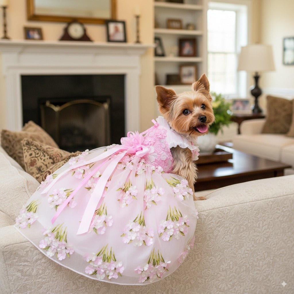 Pink Floral Tulle Dog Gown | Luxury Pet Dress with Bow | XS–XL | Stella & Bone - Stella & Bone