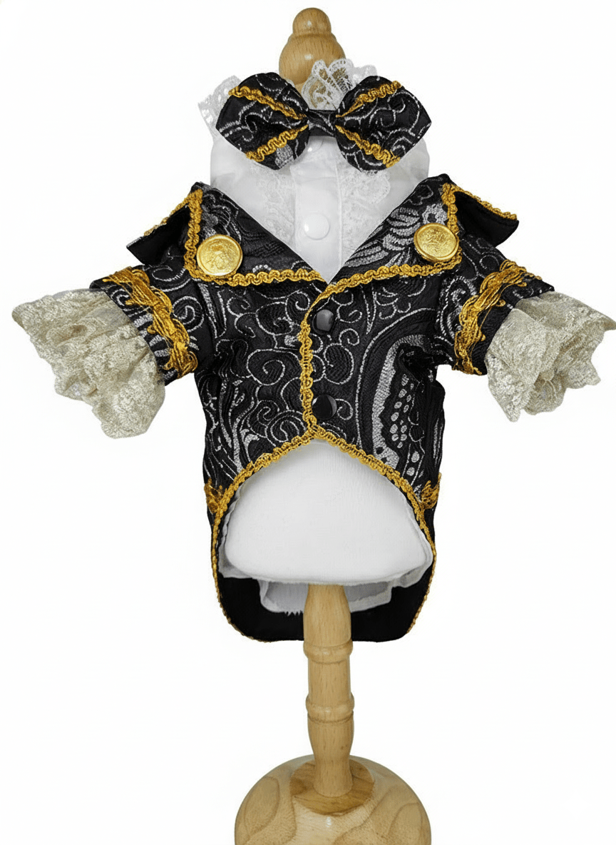 Black Tie Pet Tuxedo flat lay with gold embroidery and lace cuffs | Dogs & Cats | Stella & Bone
