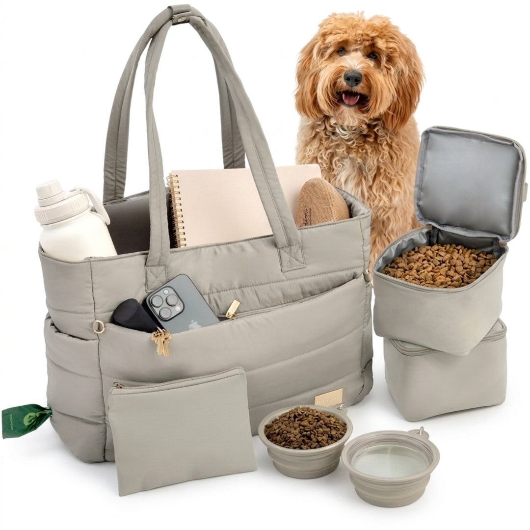 Dog Travel Tote Bag | Quilted Tote with Dog Bowls & Pockets | Stella & Bone - Stella & Bone