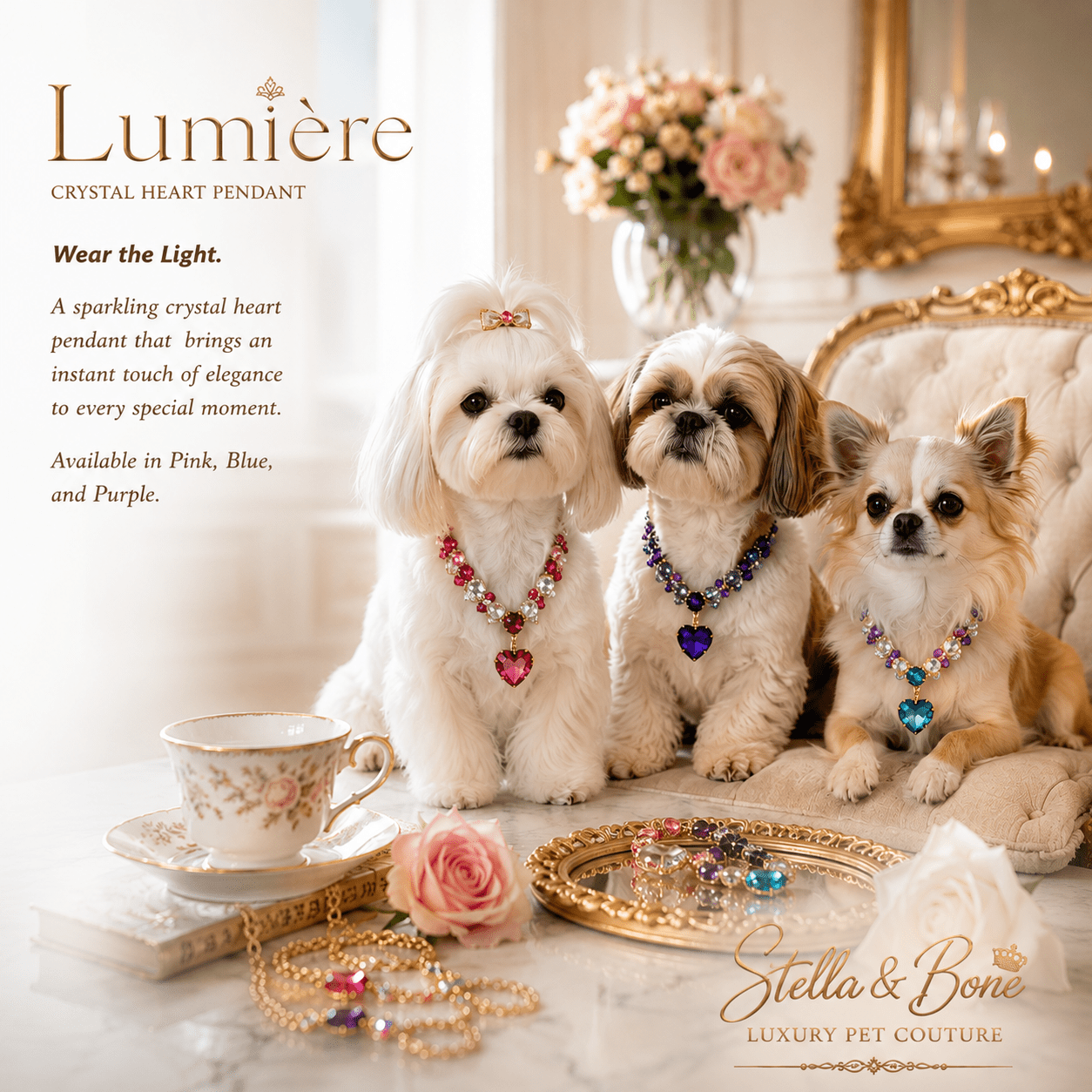 Maltese Shih Tzu and Chihuahua wearing Lumiere crystal heart pendant necklaces in pink purple and teal luxury pet jewelry