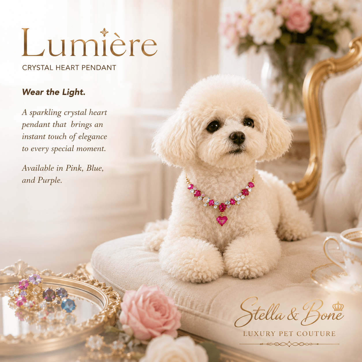White Bichon Frise wearing Lumiere pink crystal heart pendant necklace for dog or cat birthday or special occasion