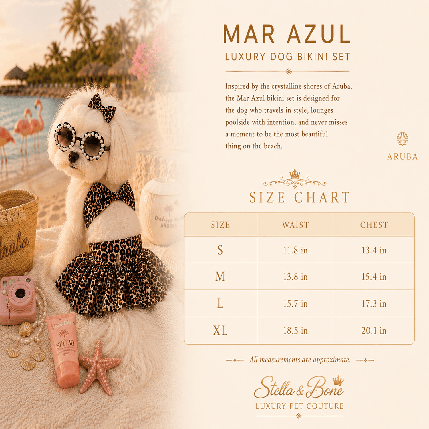 Mar Azul size chart, dog wearing leopard bikini. Stella and Bone in Aruba, One Happy Island