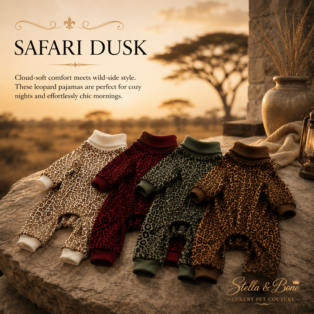 Safari Dusk | Leopard Loungewear Dog Pajamas | Stella & Bone