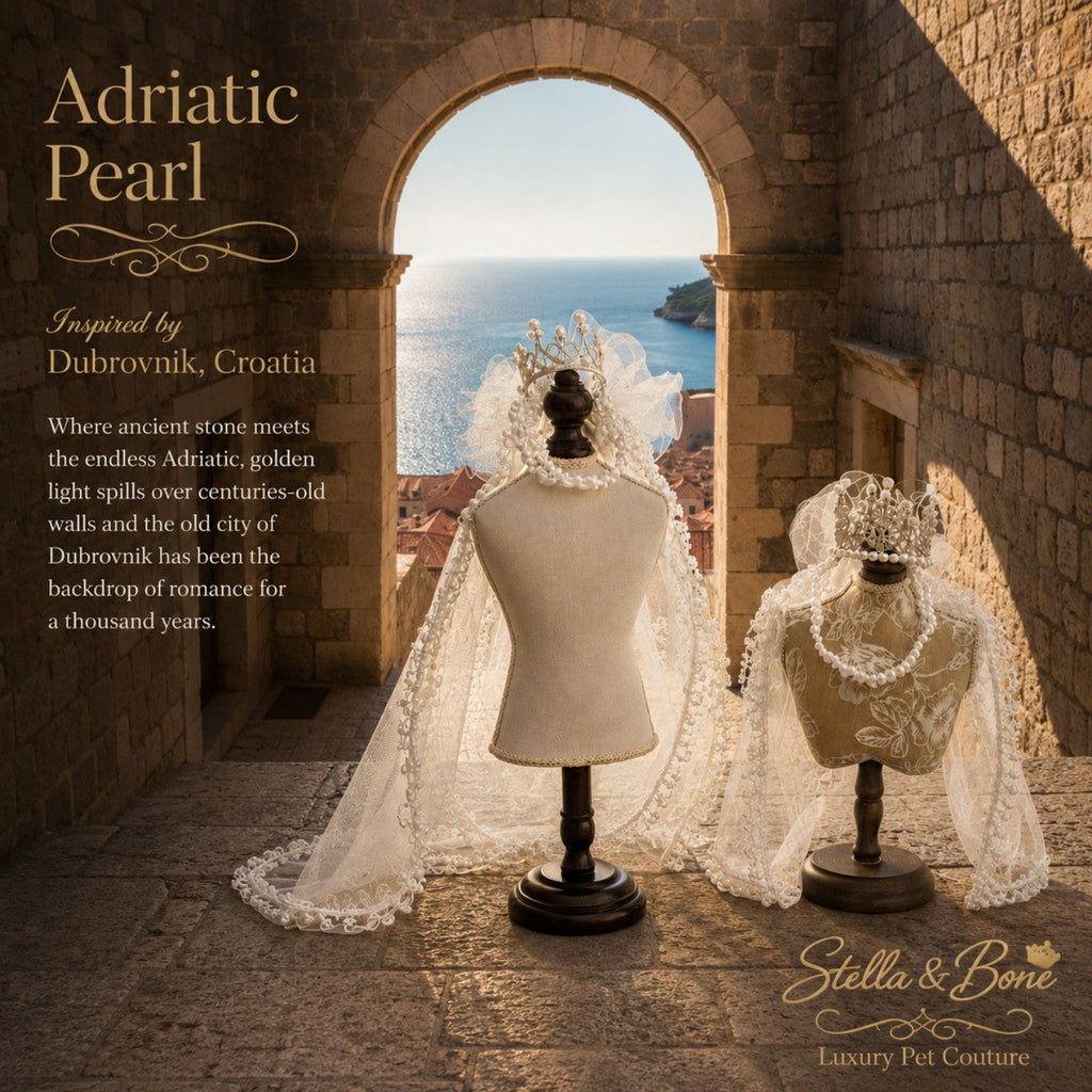 Adriatic Pearl Bridal Crown and Veil Set on mannequins for dogs and cats. The perfect accessory for weddings, photo shoots.