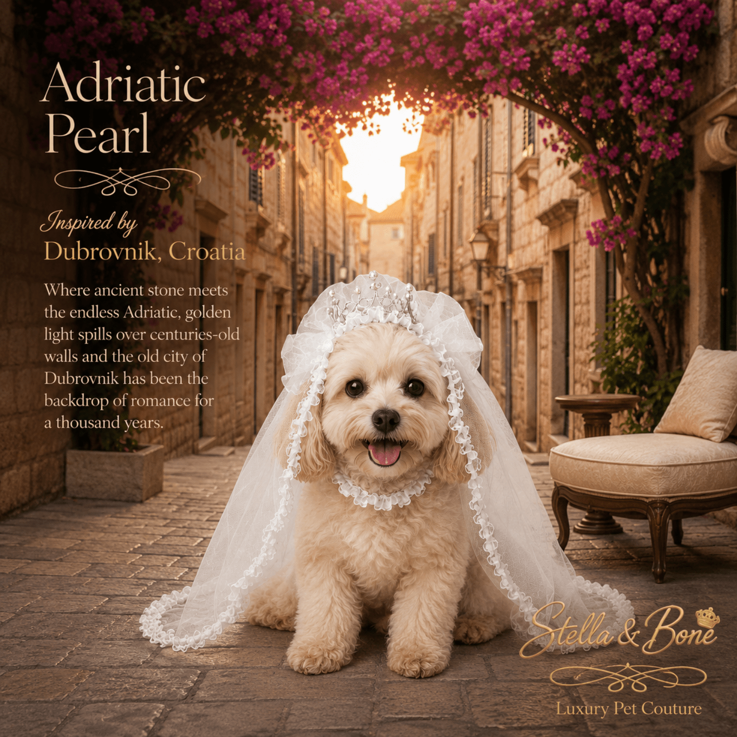 Small white dog wearing Adriatic Pearl bridal crown and veil. Perfect accessory for weddings and photo shoots.