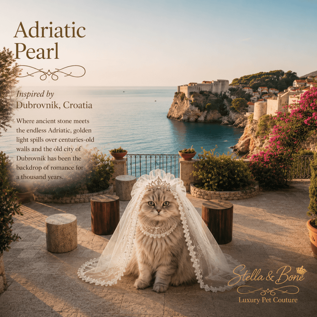 A small cat wearing Adriatic Pearl Bridal Crown and Veil Set In Dubrovnik. The finishing touch for weddings