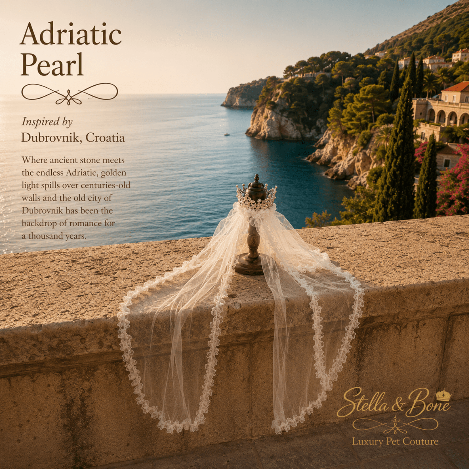 Adriatic Pearl Bridal Crown and Veil Set on a ledge overlooking the Adriatic Sea. Gorgeous accessory for pet wedding
