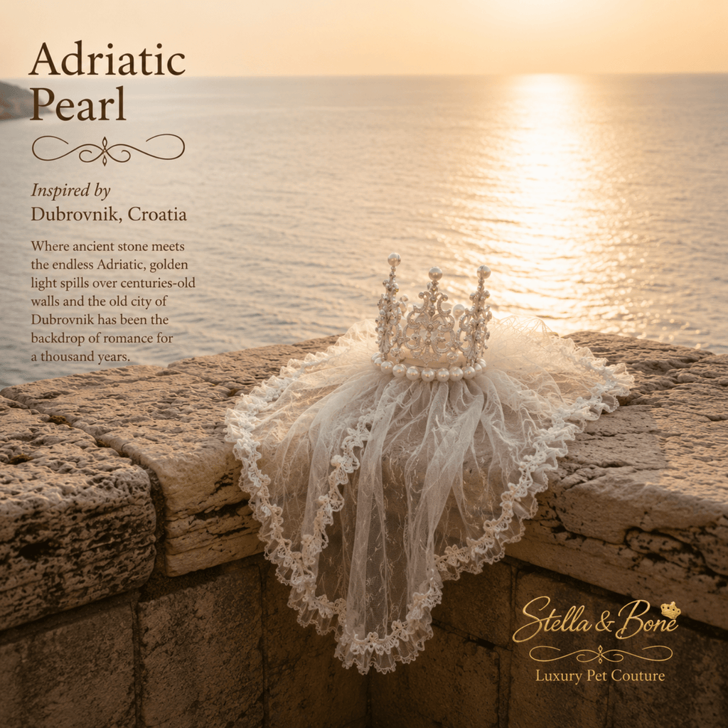 Adriatic Pearl Bridal Crown and Veil Set on a ledge with the Adriatic Sea in the background. Great for wedding or photo shoot