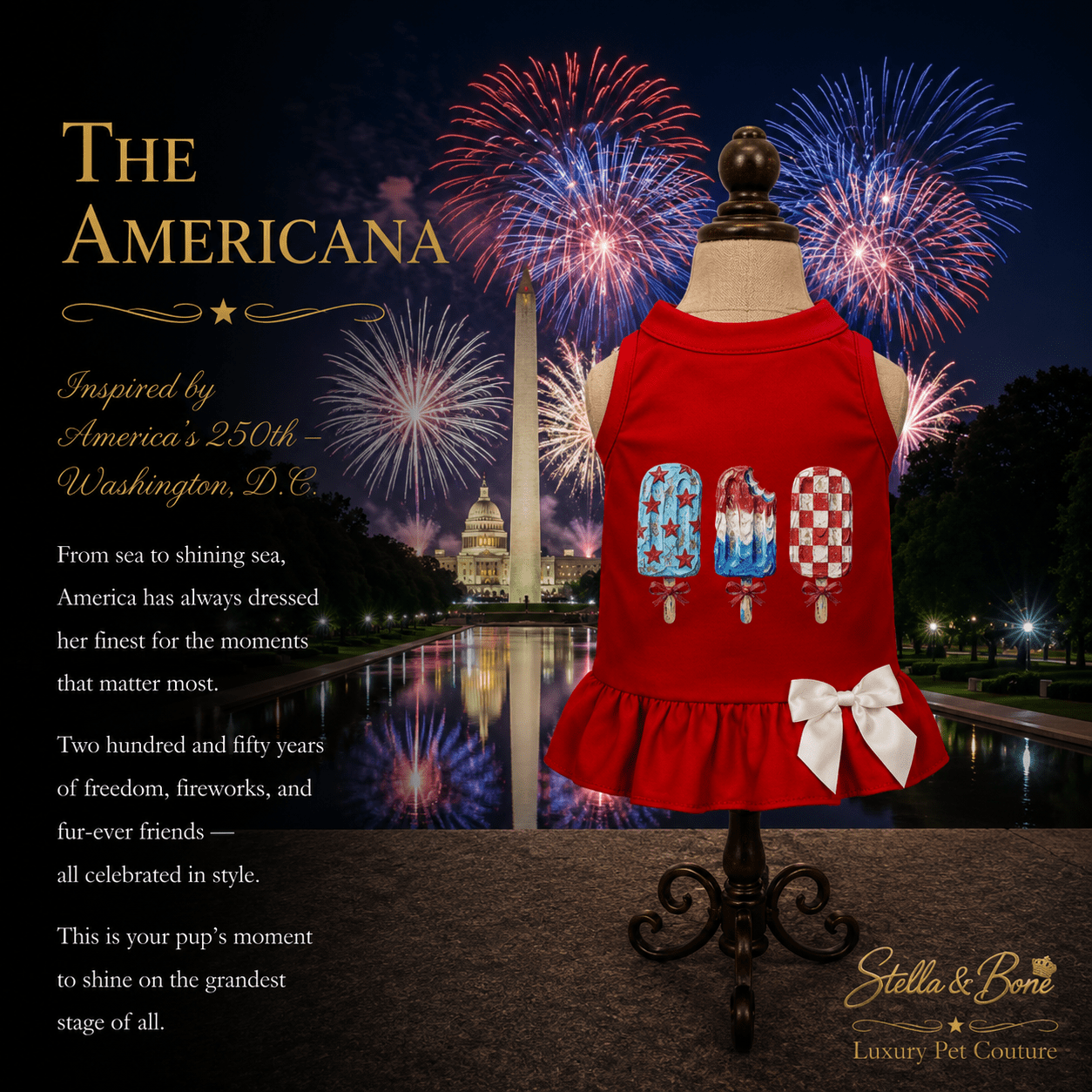The Americana in red, sleeveless dog dress with ruffled hem and three colorful popsicle graphics at the Washington Monument