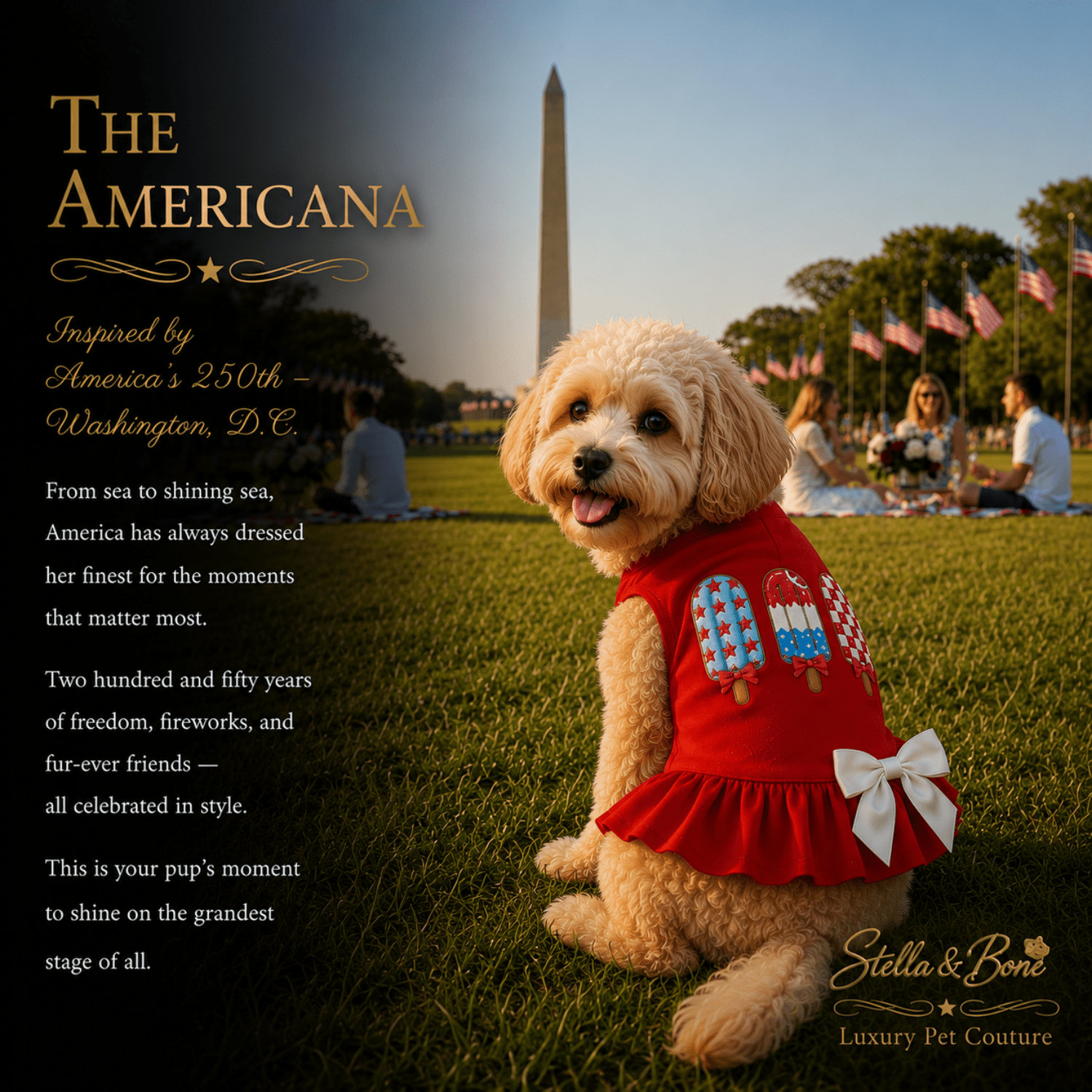 Dog wearing a red ruffled dress, The Americana, white bow and popsicle graphics  The Washington Monument is visible