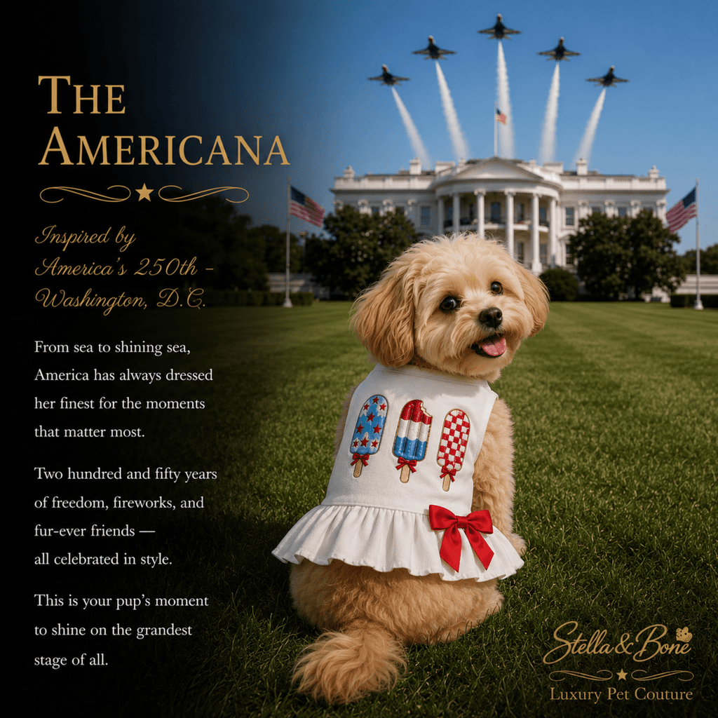 Dog wearing a white pet dress, The Americana, with red and blue popsicle graphics and a red bow sits at the White House.