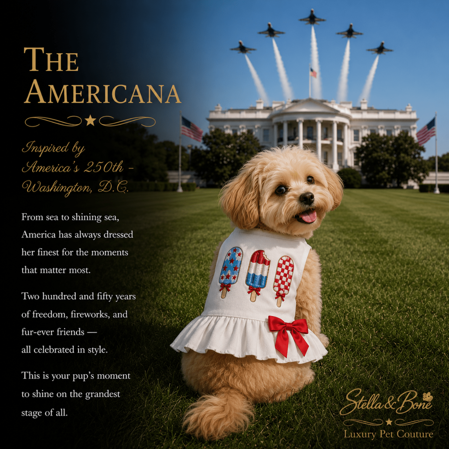 Dog wearing a white pet dress, The Americana, with red and blue popsicle graphics and a red bow sits at the White House.