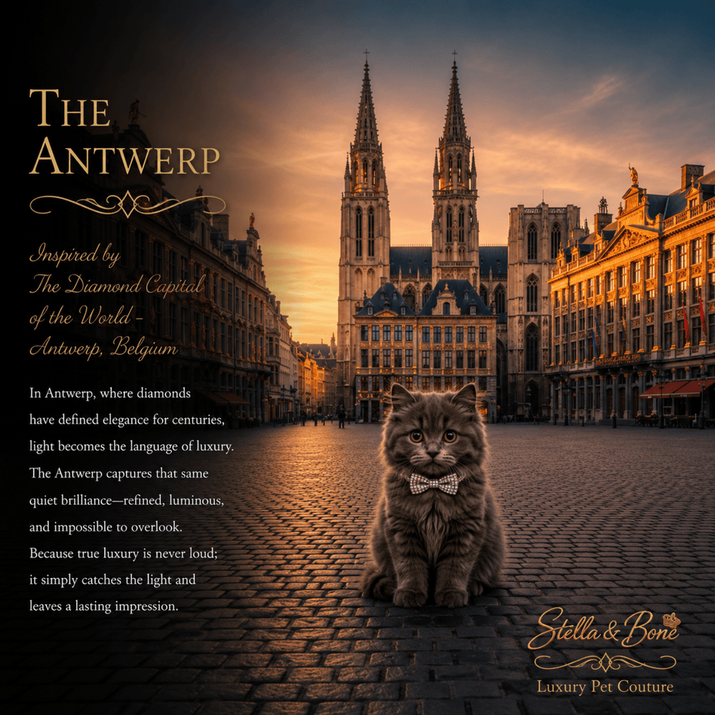 Small dark cat wearing The Antwerp, rhinestone bow collar. Sparkly luxury for weddings and ring bearer moments.