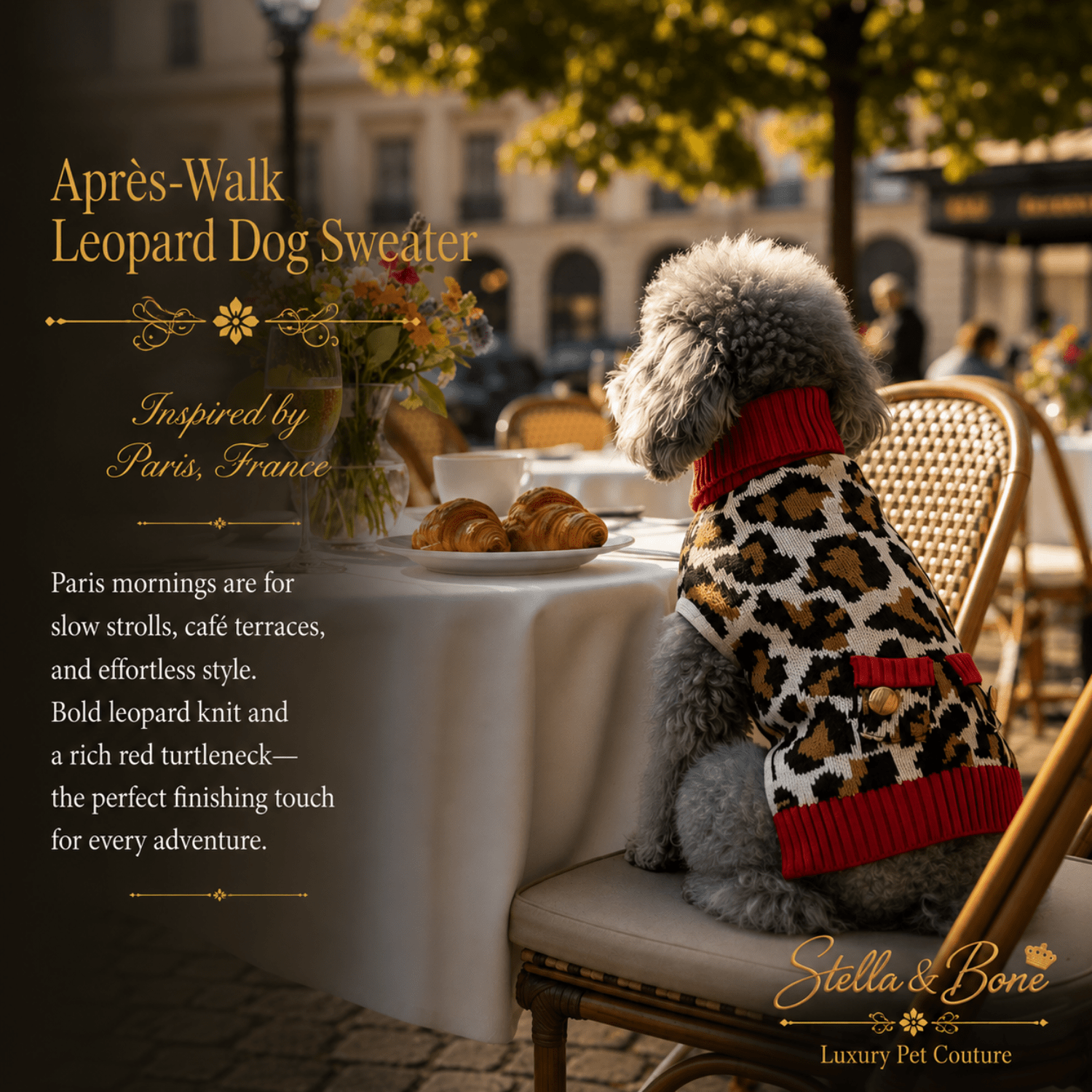 Apres-Walk Leopard Dog Sweater Knit Turtleneck — back view of Poodle in leopard knit dog sweater at sunny Paris cafe