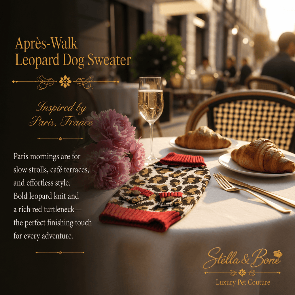Apres-Walk Leopard Dog Sweater Knit Turtleneck — leopard print and red turtleneck dog sweater flat lay at Paris cafe table