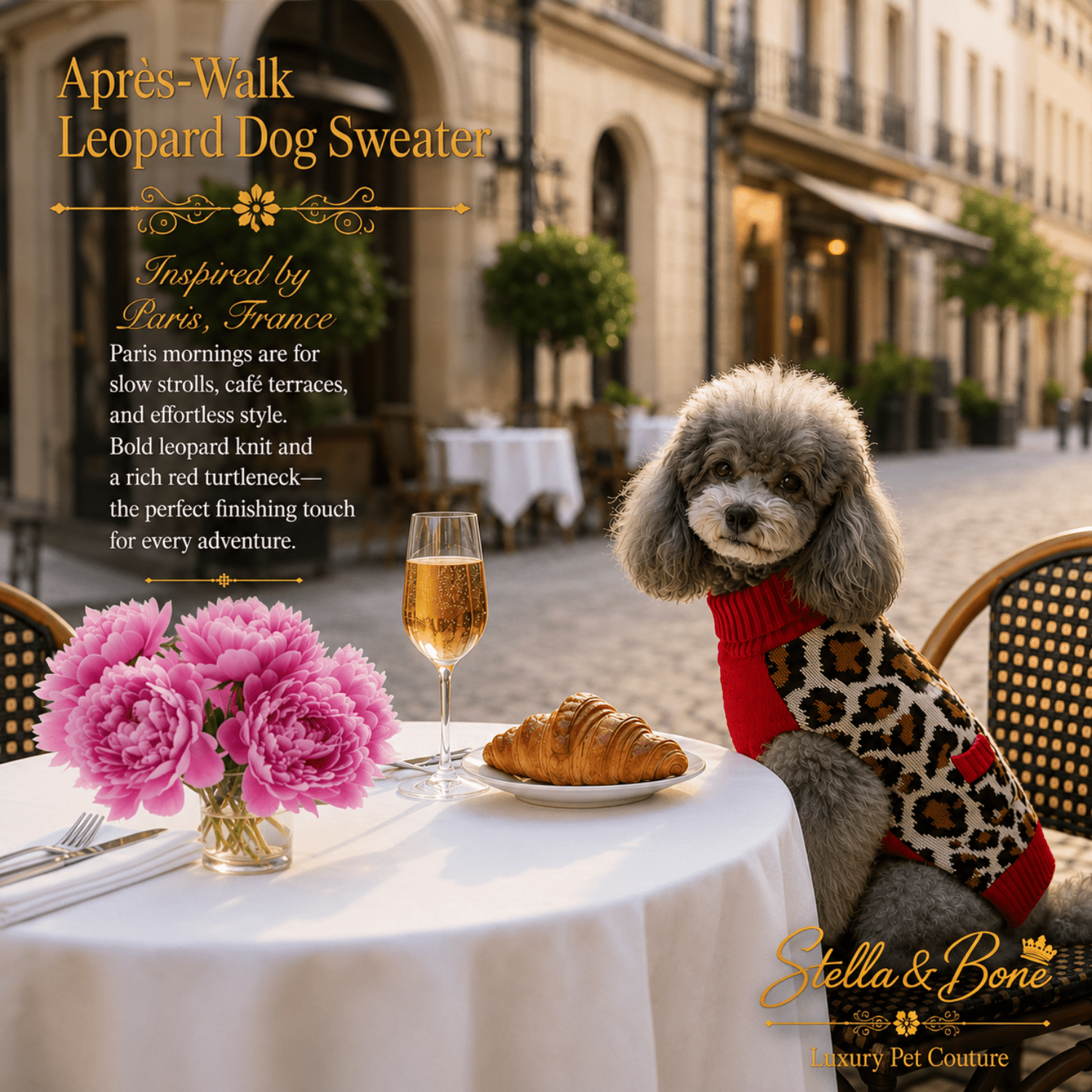 Apres-Walk Leopard Dog Sweater Knit Turtleneck — grey Poodle in leopard print red turtleneck sweater at Paris cafe terrace