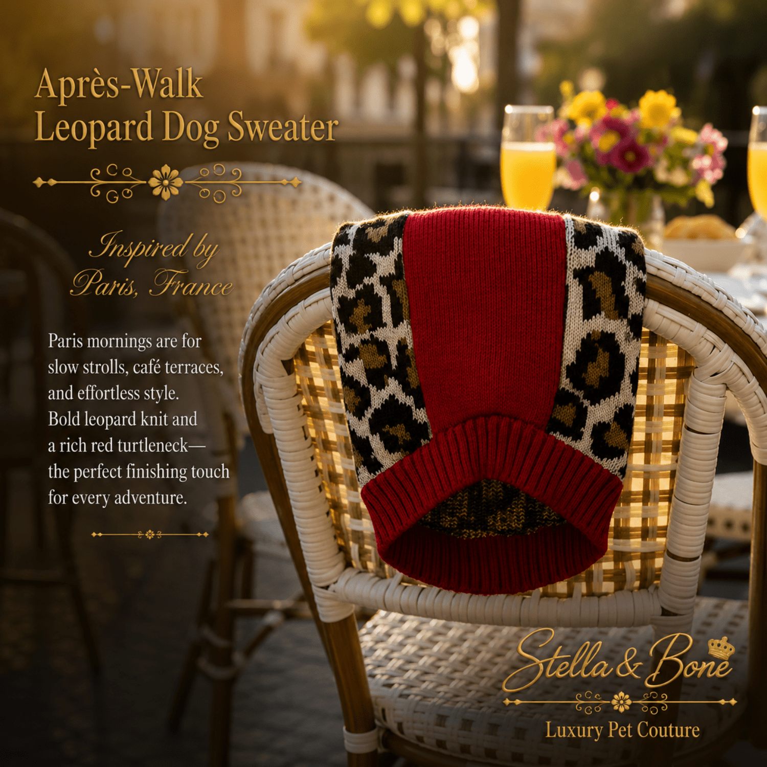 Apres-Walk Leopard Dog Sweater Knit Turtleneck — leopard knit dog sweater draped on chair at a Paris cafe in golden hour