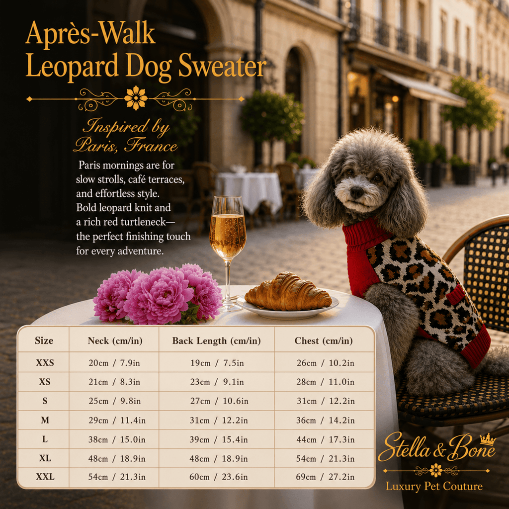 Size chart for Apres-Walk Leopard Dog Sweater in XXS-XXL, dog seated at Parisian cafe