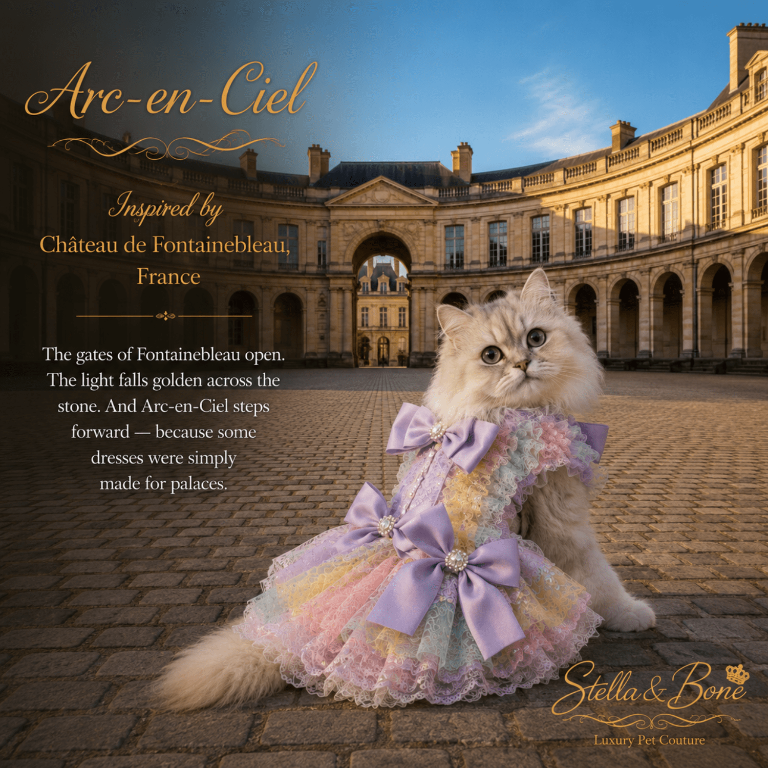 Arc-en-Ciel rainbow sequin tutu dress for small dogs and cats — pastel lace ruffles and lavender bow, perfect for weddings