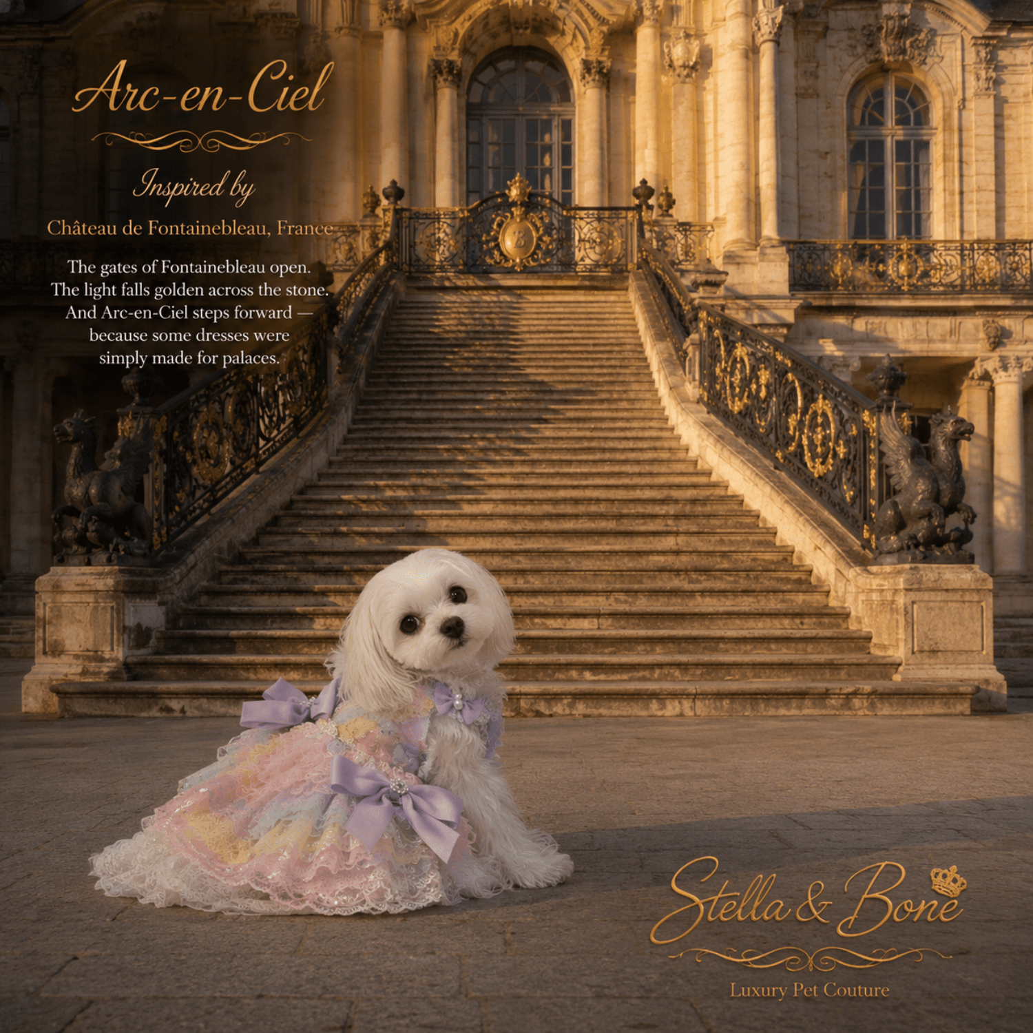 White dog in Arc-en-Ciel rainbow sequin tutu dress with lavender bows at Chateau de Fontainebleau — Stella and Bone
