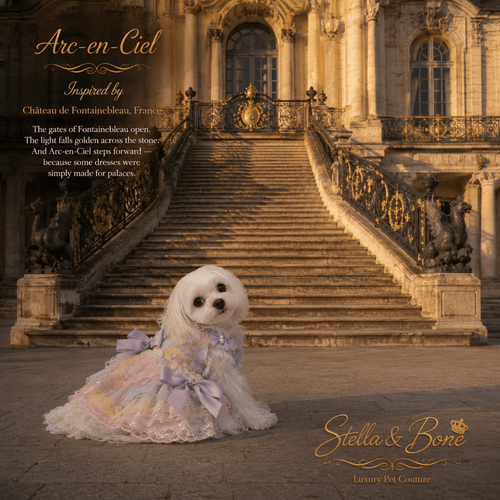 White dog in Arc-en-Ciel rainbow sequin tutu dress with lavender bows at Chateau de Fontainebleau — Stella and Bone