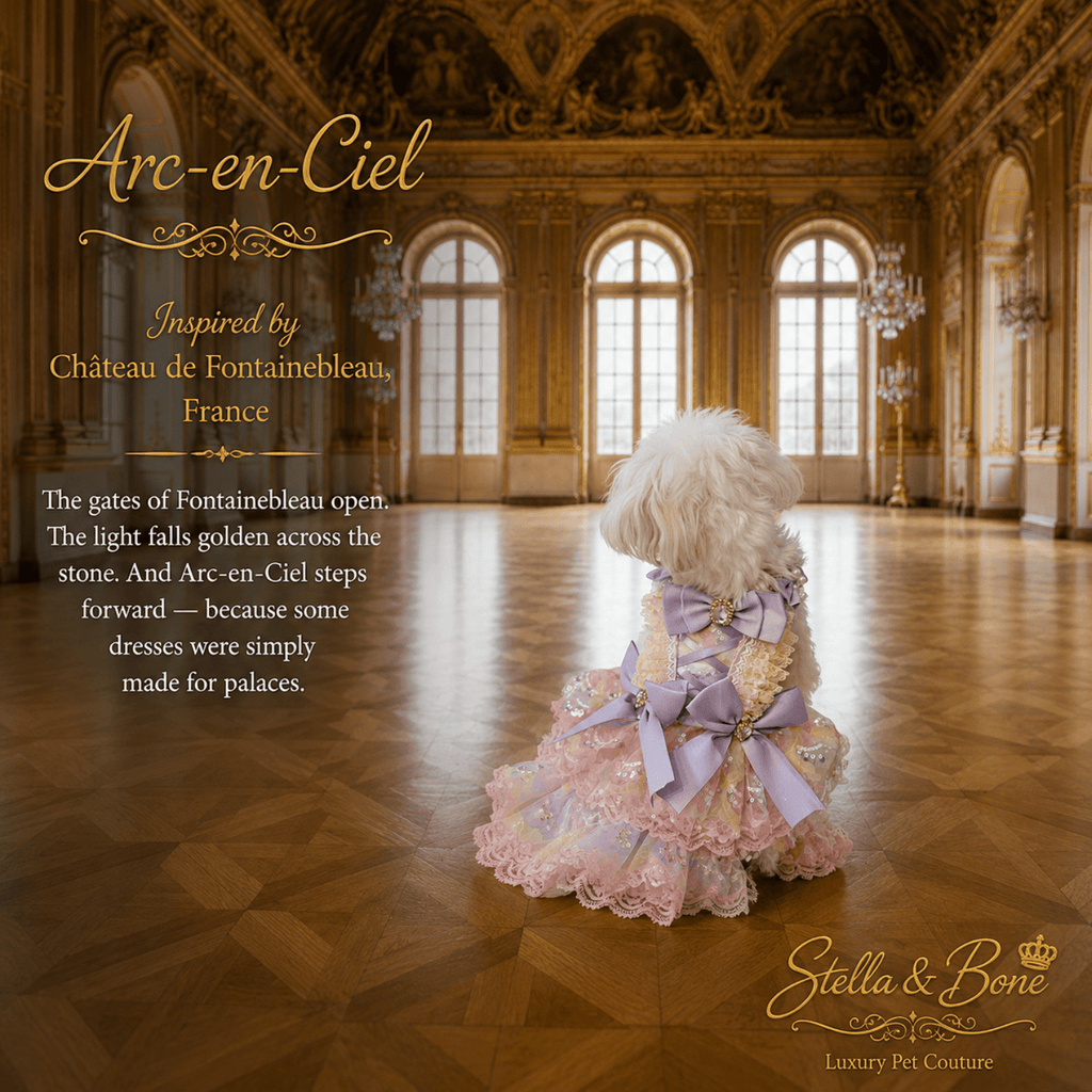 Small dog in rainbow pastel tutu dress in ornate palace ballroom — Arc-en-Ciel luxury pet dress. Great for special occasions