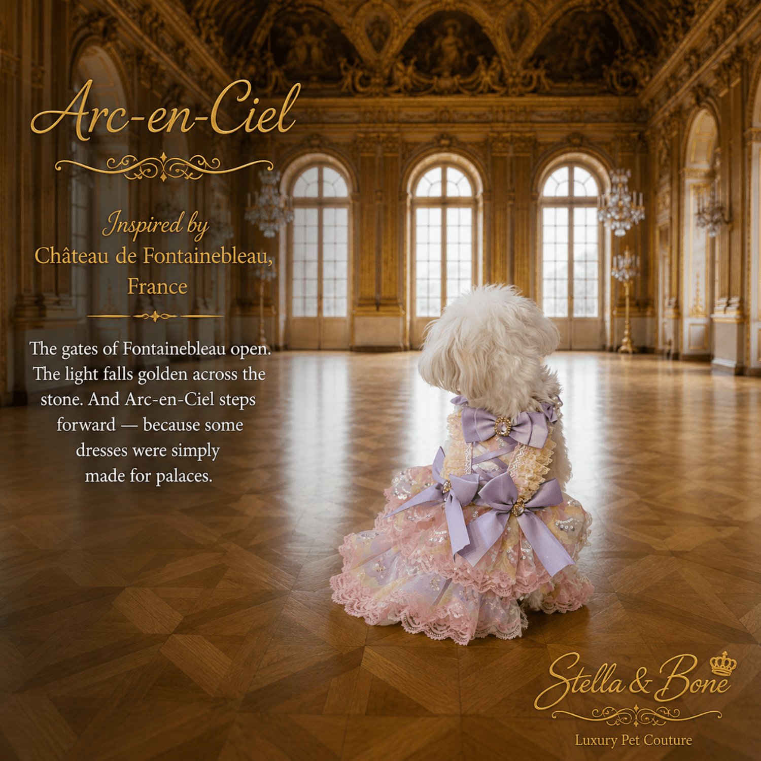 Small dog in rainbow pastel tutu dress in ornate palace ballroom — Arc-en-Ciel luxury pet dress. Great for special occasions