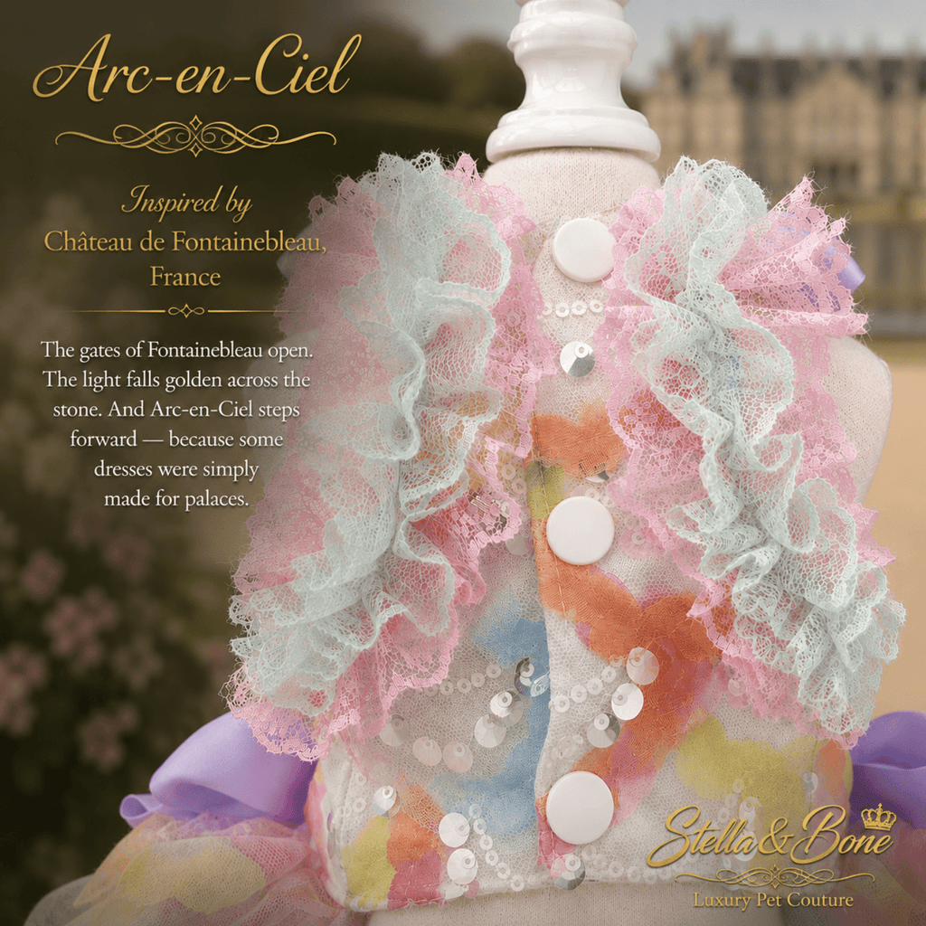 Close-up of Arc-en-Ciel dog dress pastel rainbow lace ruffles and shimmering sequin overlay — luxury sequin tutu dress