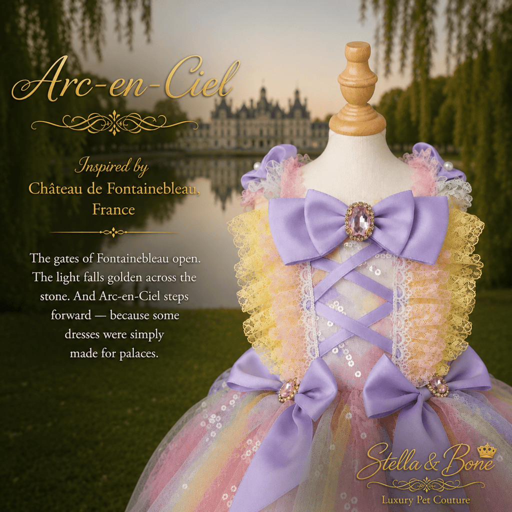 Arc-en-Ciel rainbow tutu dog dress with lavender bow and jewel brooch on mannequin, great for special occasions.