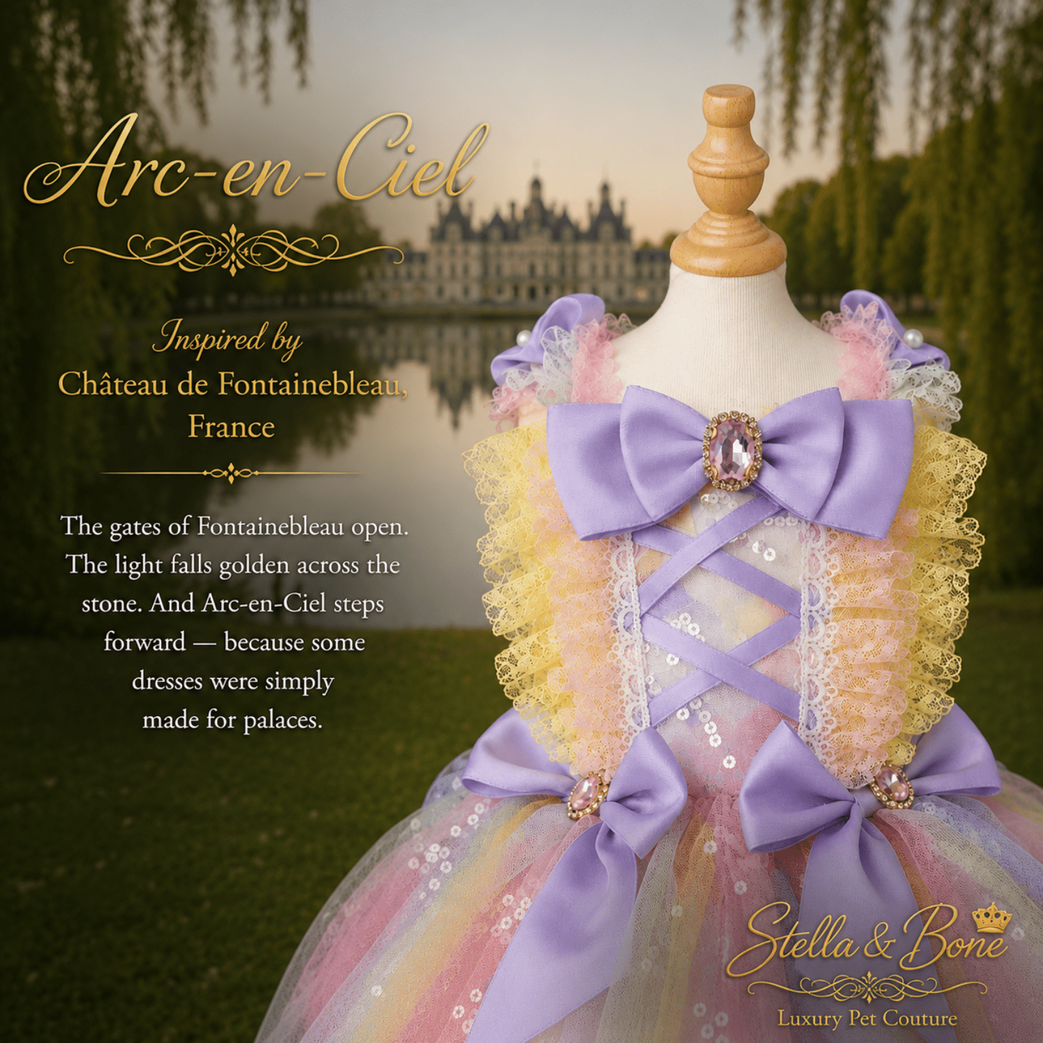 Arc-en-Ciel rainbow tutu dog dress with lavender bow and jewel brooch on mannequin, great for special occasions.