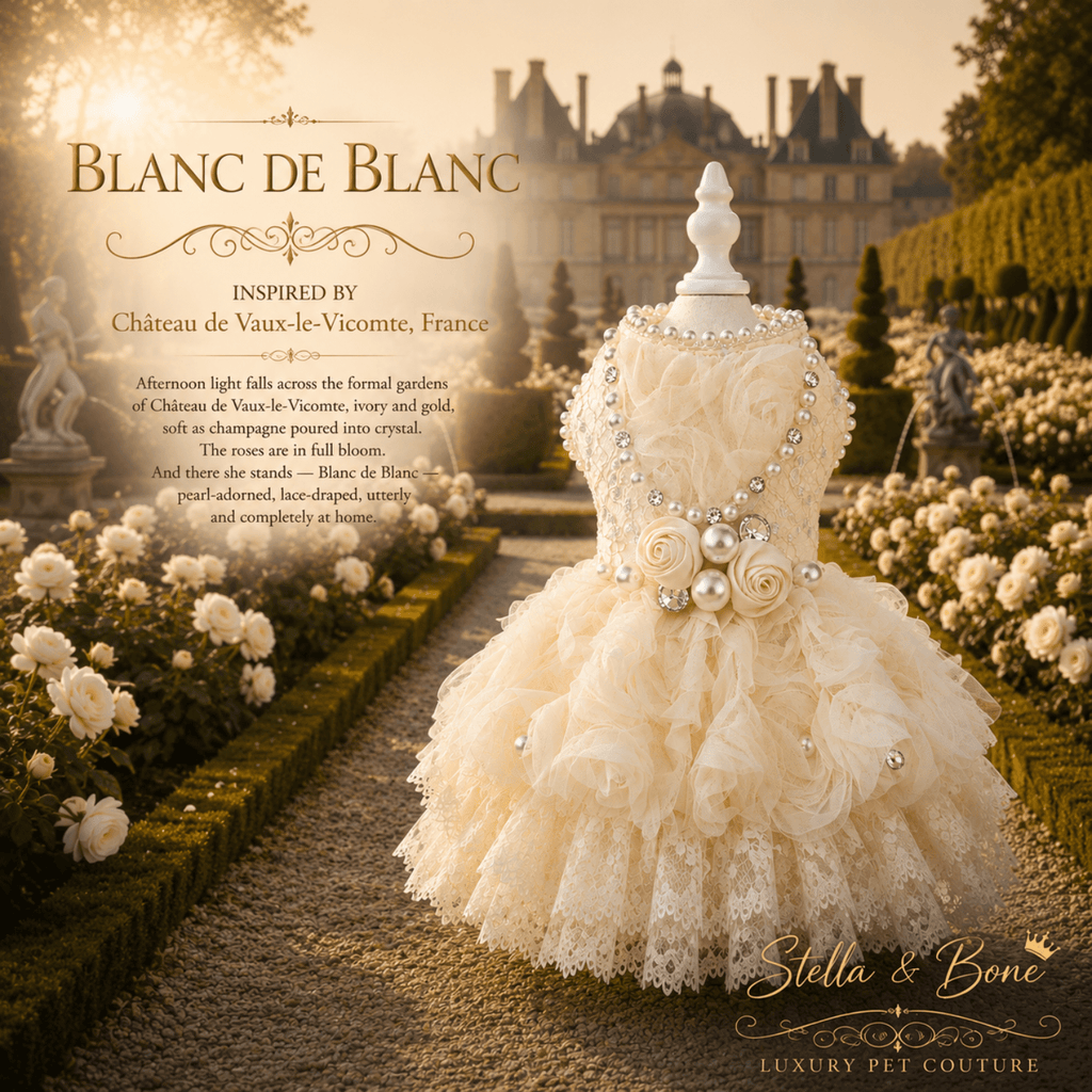 A mannequin of Blanc de Blanc in one of France's chateau gardens. Ivory, pearls and sculptural roses. Perfect for wedding