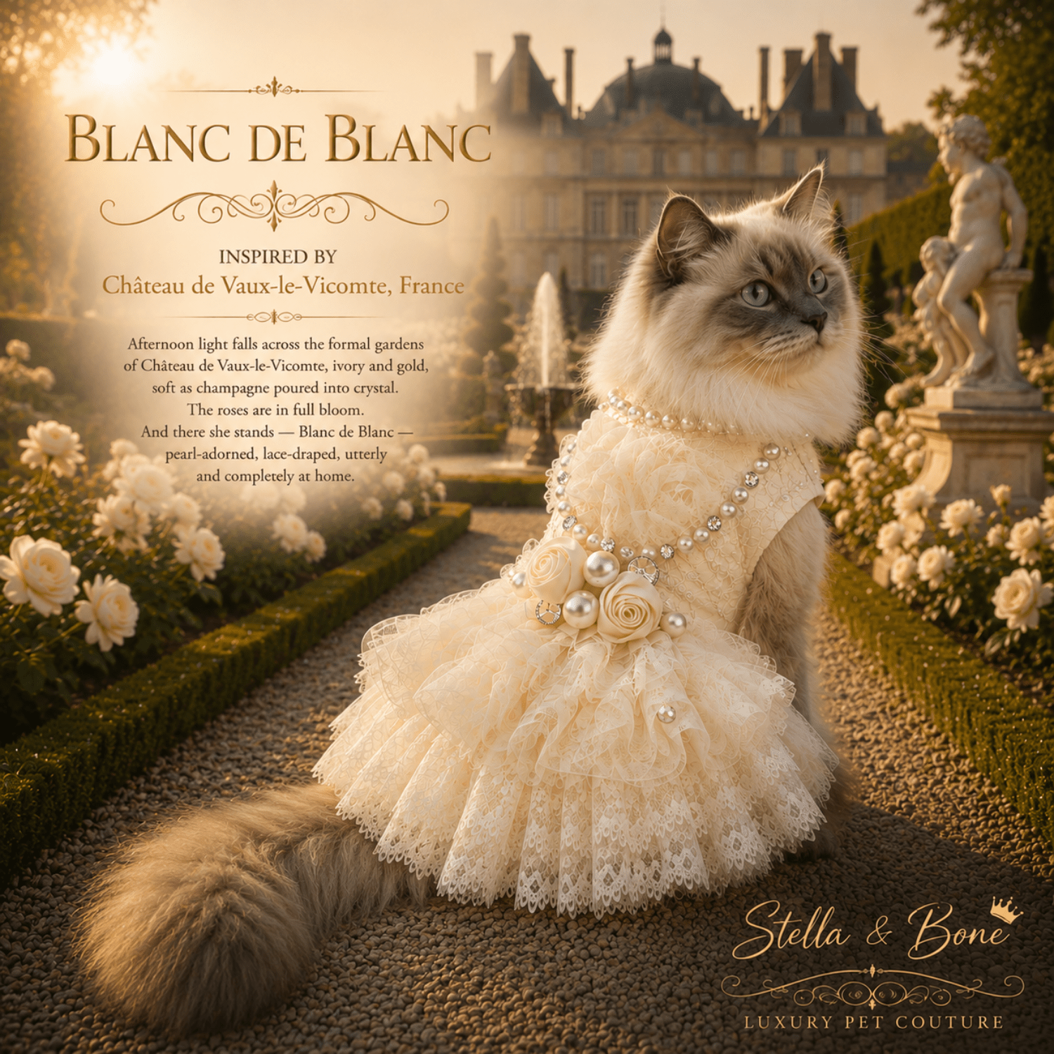 Cat wearing Blanc De Blanc, elegant lace and tulle dress with pearl accents. Weddings, special occasions