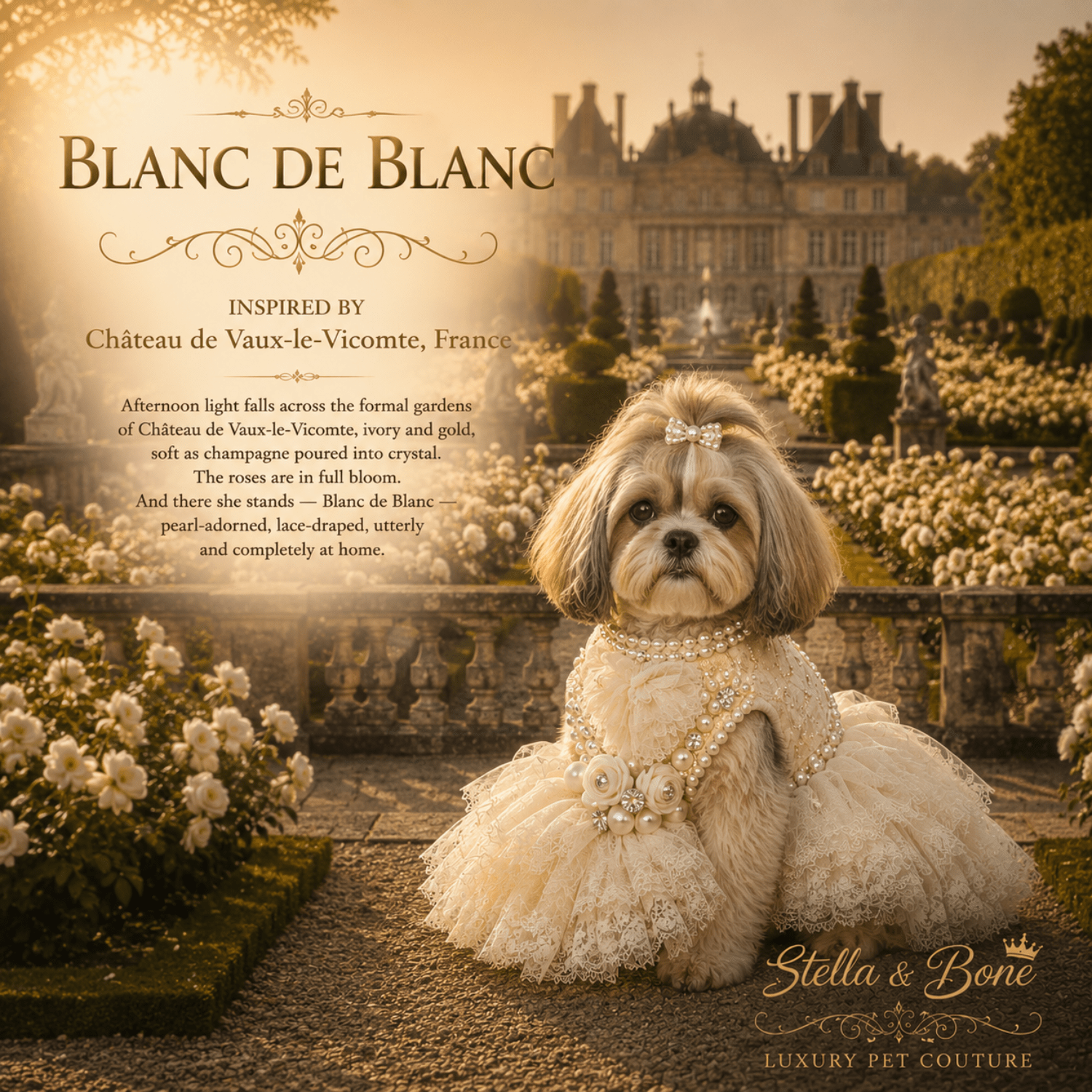 A small dog wearing Blanc de Blanc in one of France's most celebrated chateau gardens. Great for celebrations