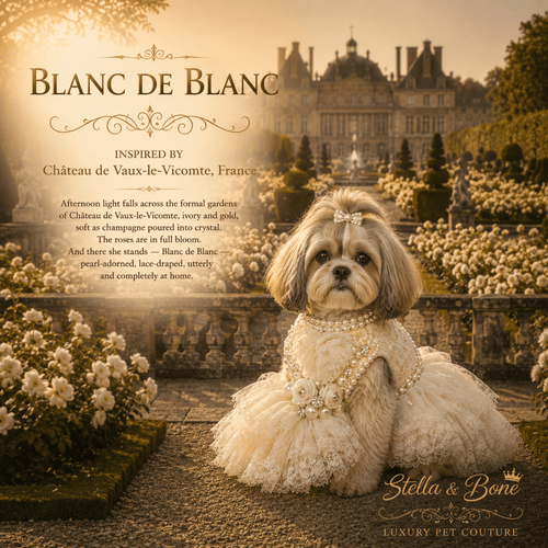 A small dog wearing Blanc de Blanc in one of France's most celebrated chateau gardens. Great for celebrations
