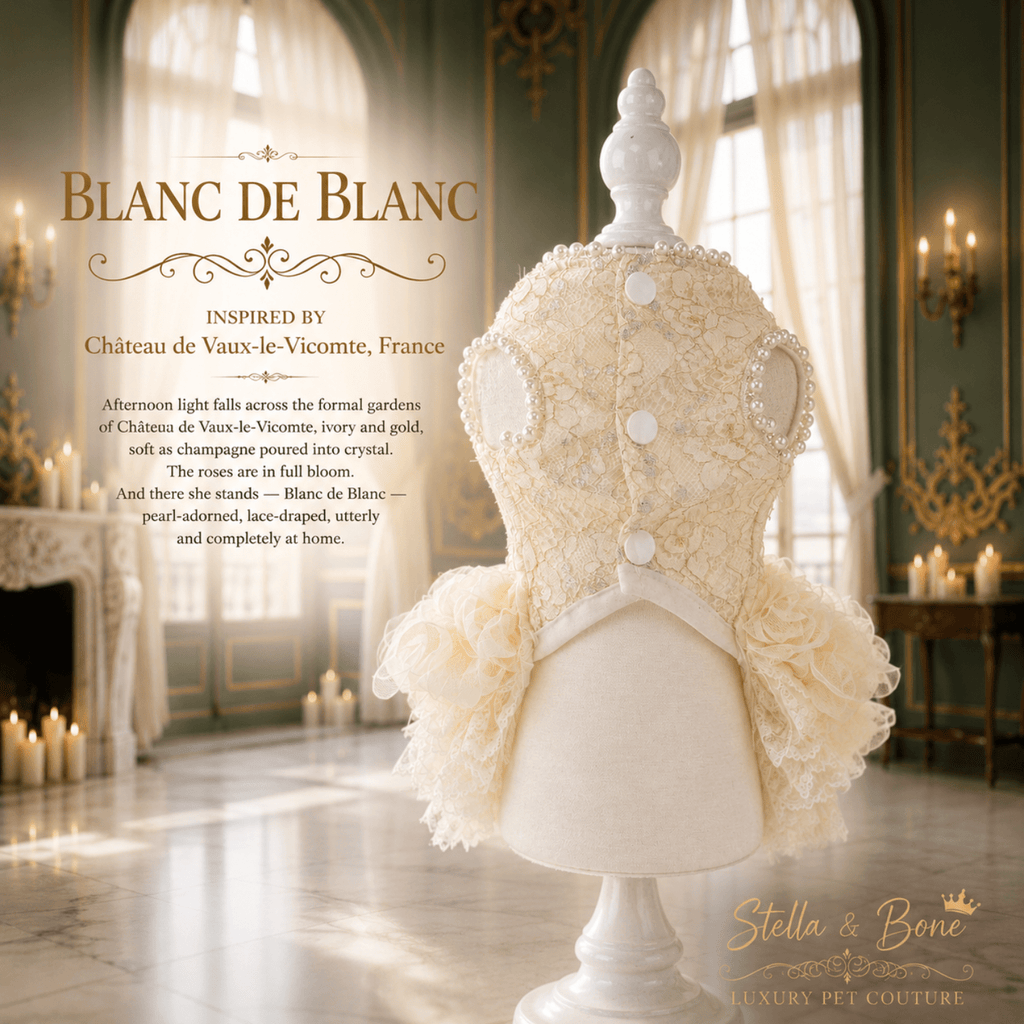 The back of Blanc de Blanc ivory dog gown or rare elegance. Curated by Stella and Bone for weddings and celebrations.