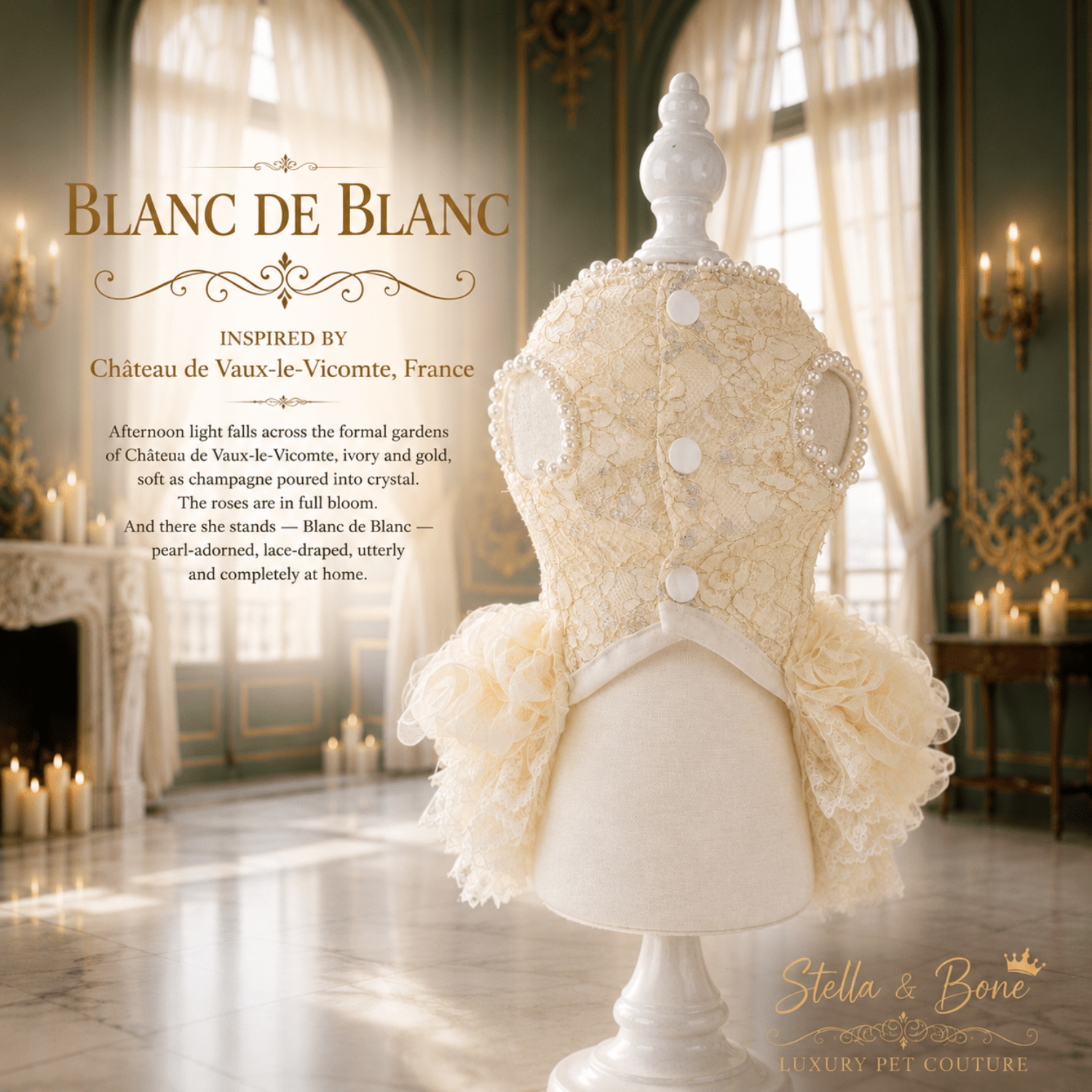 The back of Blanc de Blanc ivory dog gown or rare elegance. Curated by Stella and Bone for weddings and celebrations.