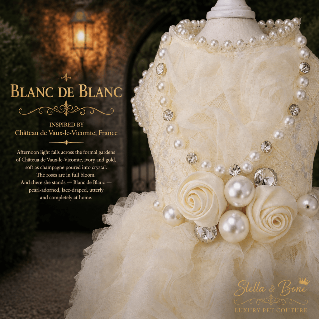 Closeup detail of Blanc de Blanc, a dog gown of pure ivory, pearls and sculptural roses. Bridal inspired. Stella and Bone